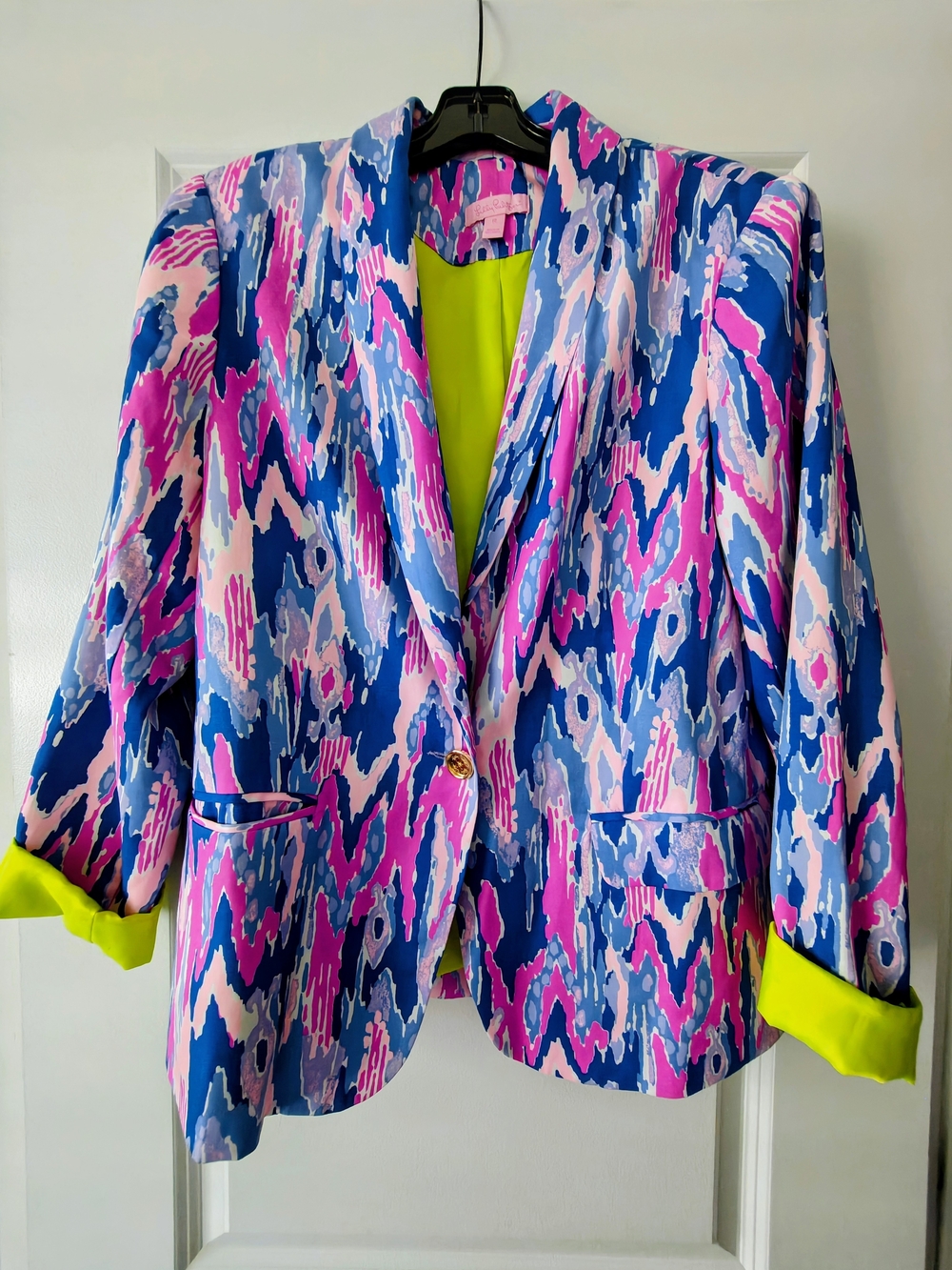 Lilly Pulitzer Multicolor Blue Pink Abstract Print Blazer with Neon Lime Lining